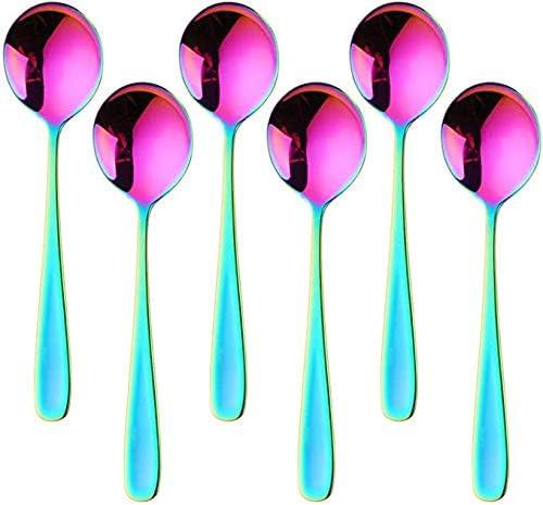 7-Inch Soup Spoons,  6 Pieces Bouillon Spoon,18/10 Stainless Steel Finished Table Dinner Spoons Set of 6 (Rainbow).