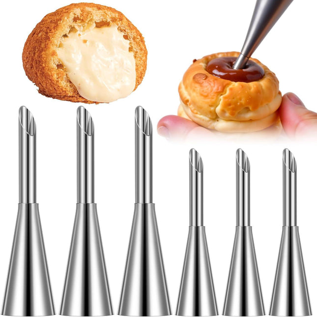 6 Pcs Cream Icing Piping Nozzle Tip, Stainless Steel Long Cream Puff Nozzle, Cupcake Filler Tool, Piping Tips for Filling Donuts Birthday Cake and Other Pastries.