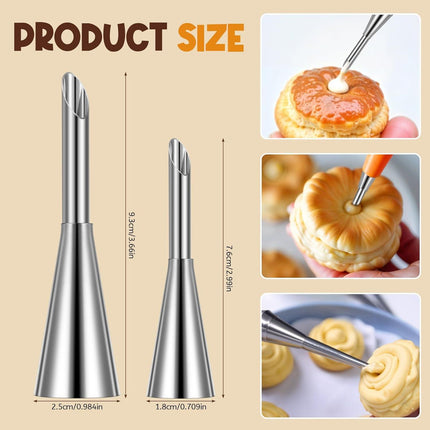 6 Pcs Cream Icing Piping Nozzle Tip, Stainless Steel Long Cream Puff Nozzle, Cupcake Filler Tool, Piping Tips for Filling Donuts Birthday Cake and Other Pastries.