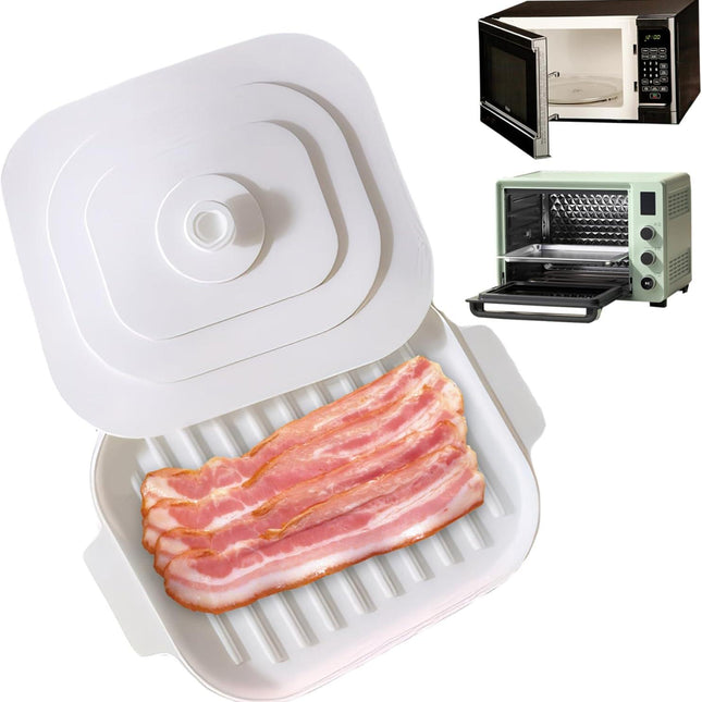 Microwave Bacon Cooker, 11x8.2inch Silicone Microwavable Bacon Grill with Lid & Handles, Bacon Tray for Microwave Cooking.