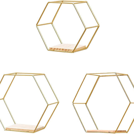 3 Pcs Gold Hexagon Wall Shelves, Floating Decorative Wire Wall Mounted Shelf, Multi-use Geometric Floating Shelves Metal Shelving for Bedroom Living Room Kitchen Office, 6.7in 9.4in 11in.
