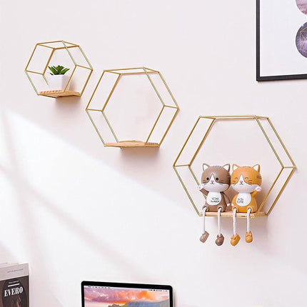3 Pcs Gold Hexagon Wall Shelves, Floating Decorative Wire Wall Mounted Shelf, Multi-use Geometric Floating Shelves Metal Shelving for Bedroom Living Room Kitchen Office, 6.7in 9.4in 11in.