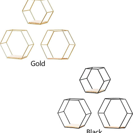 3 Pcs Gold Hexagon Wall Shelves, Floating Decorative Wire Wall Mounted Shelf, Multi-use Geometric Floating Shelves Metal Shelving for Bedroom Living Room Kitchen Office, 6.7in 9.4in 11in.