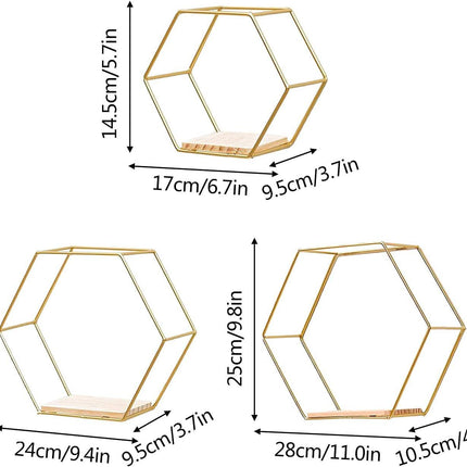 3 Pcs Gold Hexagon Wall Shelves, Floating Decorative Wire Wall Mounted Shelf, Multi-use Geometric Floating Shelves Metal Shelving for Bedroom Living Room Kitchen Office, 6.7in 9.4in 11in.