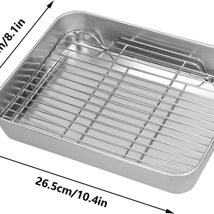 Broiler Pan for Oven, Rectangular Tray Deepened Kitchen Bakeware Rack Roaster Refrigerated Crisper Chassis Grid Roasting Pans Cookie Nonstick Cake Pastry with Grill Set (10.43x8.07x1.96 Inch).