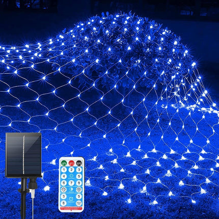 Solar Net Mesh String Lights, 9.8ft x 6.6ft 192 LED Outdoor Waterproof LED Decorative Lights with Remote for Party Christmas Holiday Garden Patio, Blue.