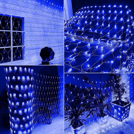 Solar Net Mesh String Lights, 9.8ft x 6.6ft 192 LED Outdoor Waterproof LED Decorative Lights with Remote for Party Christmas Holiday Garden Patio, Blue.