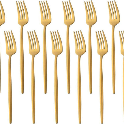 12 PCS Modern Stainless Steel Dinnerware Flatware Set, Reusable Popular Dinner Fork, Widely Use on Home, Restaurant, Party, 8.6 Inch, Gold.