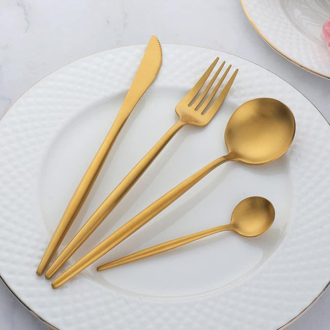 12 PCS Modern Stainless Steel Dinnerware Flatware Set, Reusable Popular Dinner Fork, Widely Use on Home, Restaurant, Party, 8.6 Inch, Gold.