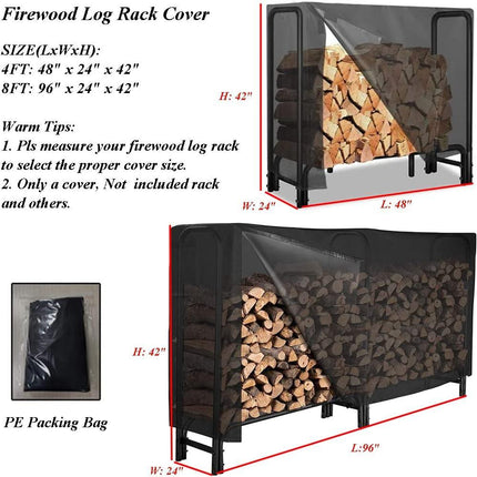 Firewood Log Rack Cover 4ft / 8ft Heavy Duty Waterproof Wood Pile Outdoor Patio Garden Fireplace Holder Fire Storage Covers (4FT: 48" x 24" 42")  4FT: 42".