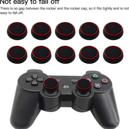 10Pcs Analog Controller Thumb Stick Grip Thumbstick Cap Cover for PS3/PS4/PS5 Controller - Black Background with Red Circle.
