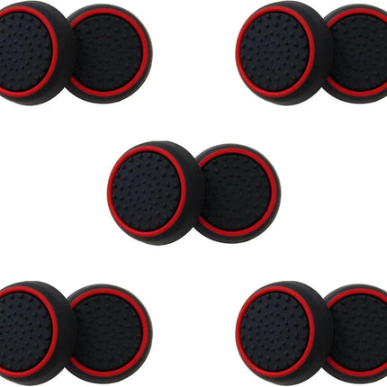 10Pcs Analog Controller Thumb Stick Grip Thumbstick Cap Cover for PS3/PS4/PS5 Controller - Black Background with Red Circle.