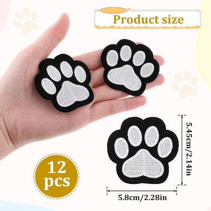 12 Pcs Cute Paw Print Iron on Patches, Self Adhesion Paw Print Applique Sewing Chenille Patches Embroidery Applique Patches Badge for Clothes Jeans Backpacks Hats (Black, White).