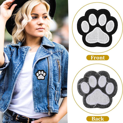 12 Pcs Cute Paw Print Iron on Patches, Self Adhesion Paw Print Applique Sewing Chenille Patches Embroidery Applique Patches Badge for Clothes Jeans Backpacks Hats (Black, White).