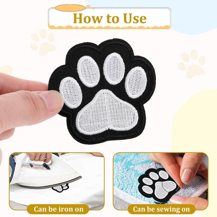 12 Pcs Cute Paw Print Iron on Patches, Self Adhesion Paw Print Applique Sewing Chenille Patches Embroidery Applique Patches Badge for Clothes Jeans Backpacks Hats (Black, White).
