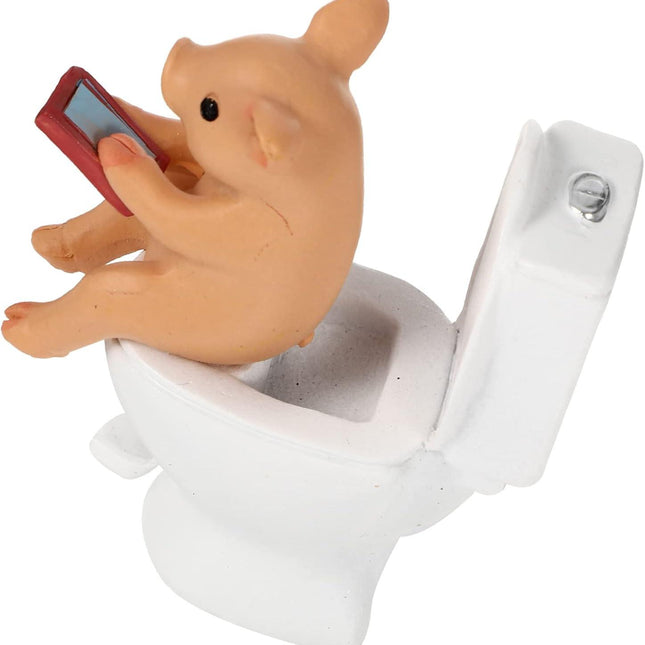 Cabilock Mini Resin Cute Pig Figurines Texting On Toilet Statue, Miniature Piggy Sculpture, Garden Farm Statue Collectible Lawn Ornament Desktop Animals Adornment.