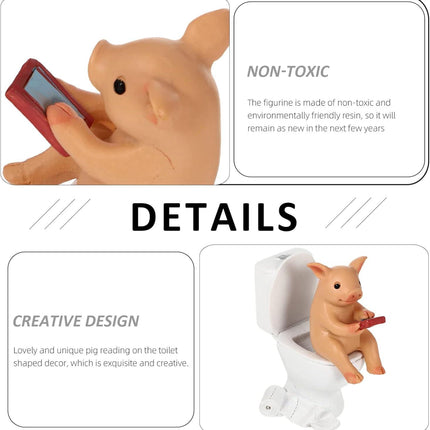 Cabilock Mini Resin Cute Pig Figurines Texting On Toilet Statue, Miniature Piggy Sculpture, Garden Farm Statue Collectible Lawn Ornament Desktop Animals Adornment.