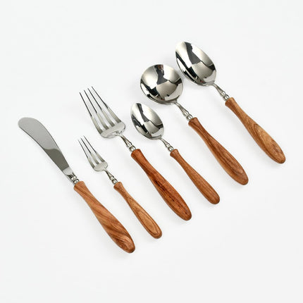6-Pieces Wood Handle Flatware Set 18/10 Stainless Steel Silverware Cutlery Set with Wooden Handle Kitchen Restaurant Tae Utensil Set Spoons Forks Knives Set Service for 1.