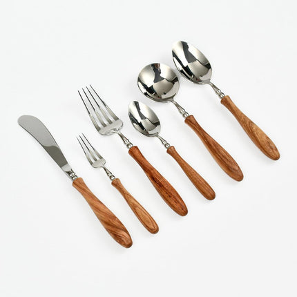 6-Pieces Wood Handle Flatware Set 18/10 Stainless Steel Silverware Cutlery Set with Wooden Handle Kitchen Restaurant Tae Utensil Set Spoons Forks Knives Set Service for 1.