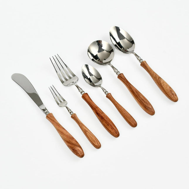 6-Pieces Wood Handle Flatware Set 18/10 Stainless Steel Silverware Cutlery Set with Wooden Handle Kitchen Restaurant Tae Utensil Set Spoons Forks Knives Set Service for 1.
