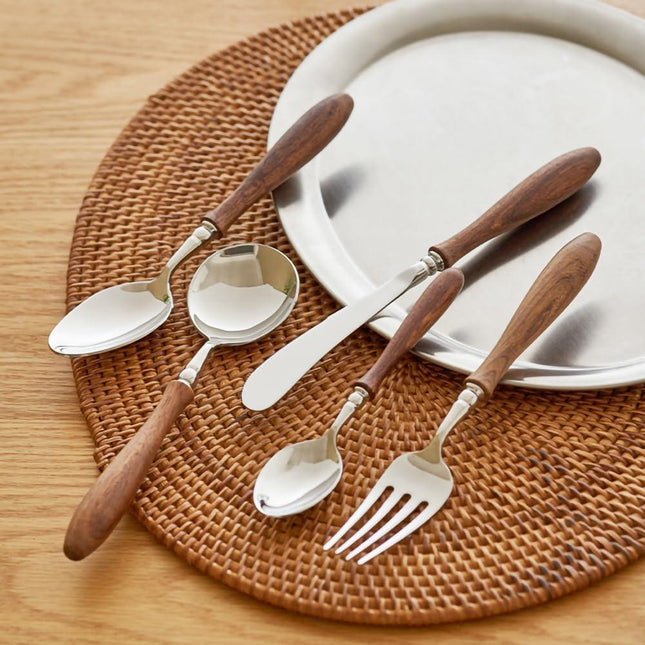 6-Pieces Wood Handle Flatware Set 18/10 Stainless Steel Silverware Cutlery Set with Wooden Handle Kitchen Restaurant Tae Utensil Set Spoons Forks Knives Set Service for 1.