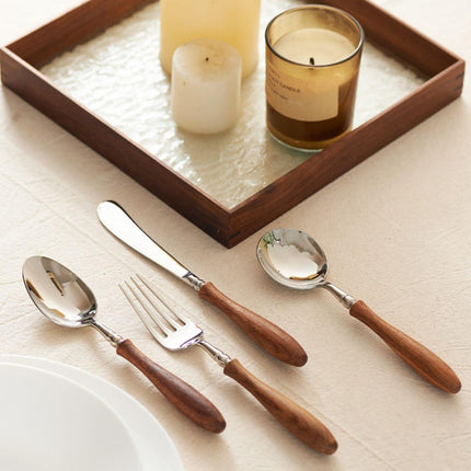 6-Pieces Wood Handle Flatware Set 18/10 Stainless Steel Silverware Cutlery Set with Wooden Handle Kitchen Restaurant Tae Utensil Set Spoons Forks Knives Set Service for 1.