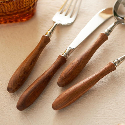 6-Pieces Wood Handle Flatware Set 18/10 Stainless Steel Silverware Cutlery Set with Wooden Handle Kitchen Restaurant Tae Utensil Set Spoons Forks Knives Set Service for 1.
