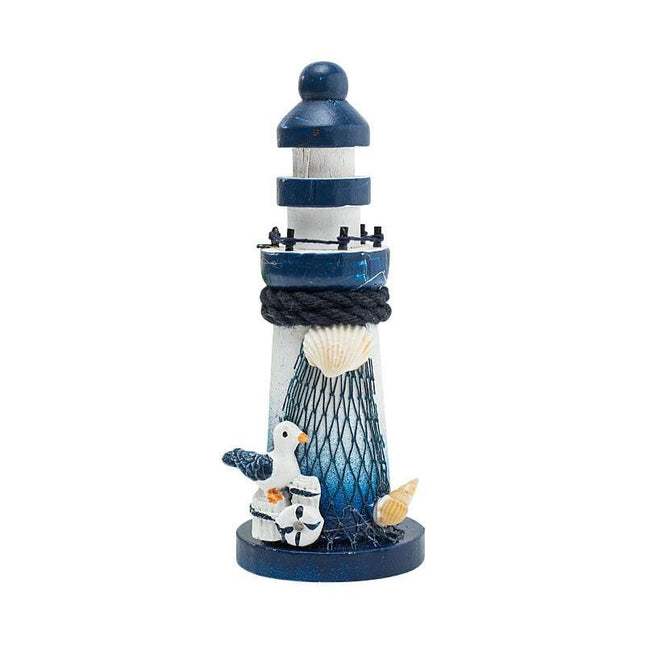 Mini Wooden Lighthouse Decor - Nautical Ornament with Seabird, 10cm - Marine Decoration in Mediterranean Style.