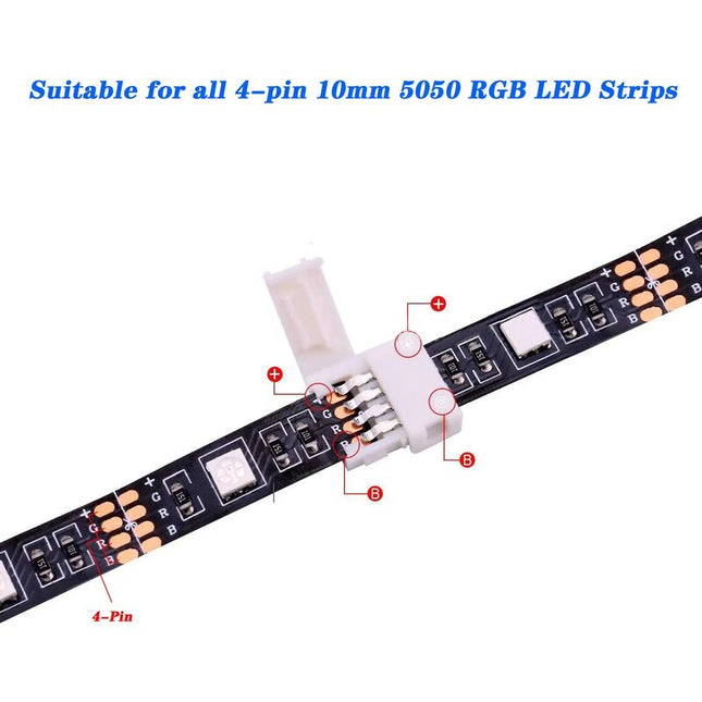 RGB LED Strip Connector Kit, 30pcs, 4-Pin 10mm Solderless Connector, SMD 5050 LED Strip, 20 Gapless 5L 5T Contacts Connector.
