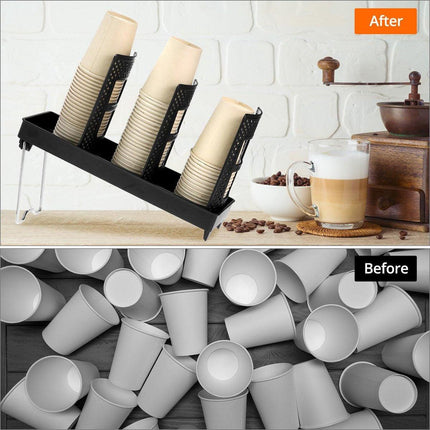 Paper Cup Holder - Paper Cup and Lid Organizer - Upright Holder with Three Compartments for Disposable Cups - Holds 100 Cups or 150 Lids - Steel Stand - Ideal for Kitchens, Offices, and Cafes.