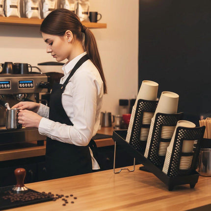 Paper Cup Holder - Paper Cup and Lid Organizer - Upright Holder with Three Compartments for Disposable Cups - Holds 100 Cups or 150 Lids - Steel Stand - Ideal for Kitchens, Offices, and Cafes.