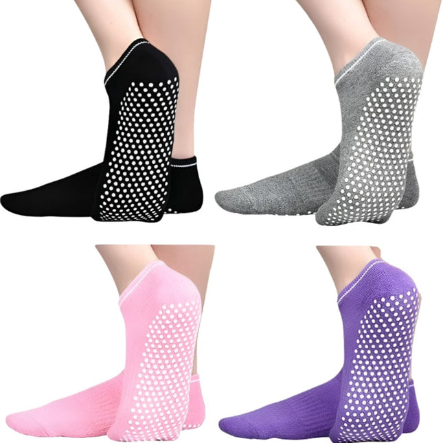 Non-slip socks - Pack of 4 pairs - Yoga and trampoline socks - Non-slip texture - Suitable for family use (black + light gray + pink + purple)