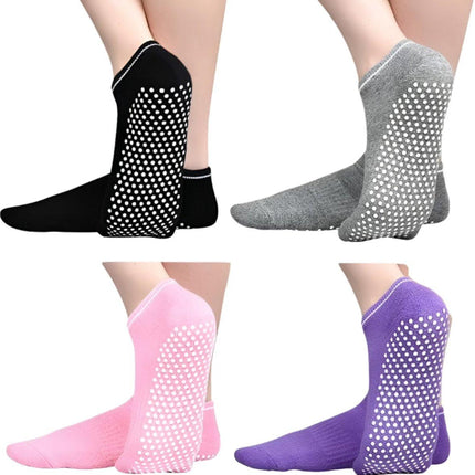 Non-slip socks - Pack of 4 pairs - Yoga and trampoline socks - Non-slip texture - Suitable for family use (black + light gray + pink + purple).