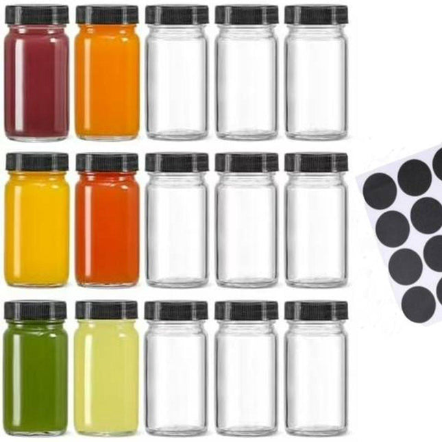 Glass Jars with Lids - 15 x 2 oz Jars - Includes 15 Labels - Clear - Perfect for Ginger Smoothies, Health Drinks, Juices, etc. - Travel Essential - Wide Mouth Design - Leak-Proof - Dishwasher Safe.