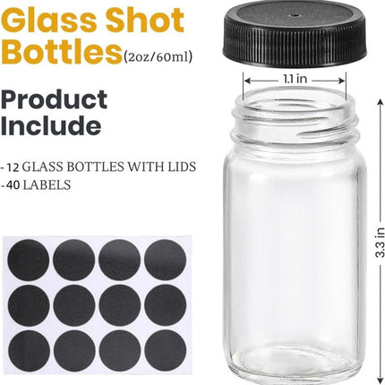 Glass Jars with Lids - 15 x 2 oz Jars - Includes 15 Labels - Clear - Perfect for Ginger Smoothies, Health Drinks, Juices, etc. - Travel Essential - Wide Mouth Design - Leak-Proof - Dishwasher Safe.