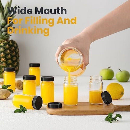 Glass Jars with Lids - 15 x 2 oz Jars - Includes 15 Labels - Clear - Perfect for Ginger Smoothies, Health Drinks, Juices, etc. - Travel Essential - Wide Mouth Design - Leak-Proof - Dishwasher Safe.