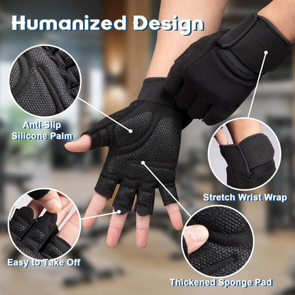 Fitness Gloves - Sports Gloves - Fingerless Gloves - Running Gloves - Unisex - Breathable and comfortable - With wrist support - Suitable for weightlifting, cycling, rowing and fitness training - Black, size L.