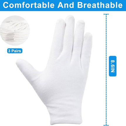 Gloves - 3 pairs - White cotton gloves - Suitable for dry hands - Can be worn while sleeping - High-quality cotton gloves - Unisex white gloves - Gloves with rounded corners.