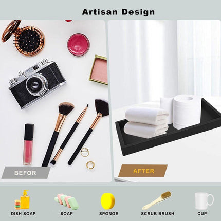 Tray - Set of 2 - Dressing table tray - Bathroom storage tray - Cosmetics storage tray - Bathroom storage box - Suitable for storing candles, soap, towels, perfume, etc. - Black - 20x10x1.8 cm.