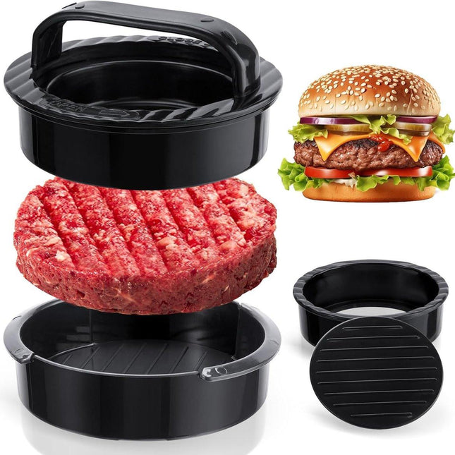 3-in-1 Hamburger and Hamburger Press - Hamburger Mold - Non-stick, Durable Patty Maker for Stuffed Burgers and Sliders - Easy to Clean - Black.