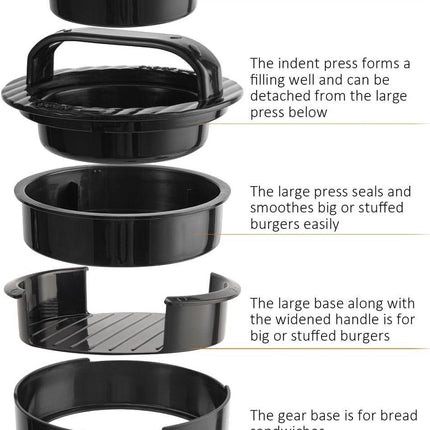 3-in-1 Hamburger and Hamburger Press - Hamburger Mold - Non-stick, Durable Patty Maker for Stuffed Burgers and Sliders - Easy to Clean - Black.