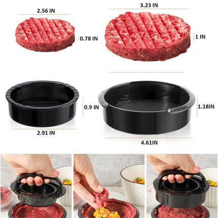3-in-1 Hamburger and Hamburger Press - Hamburger Mold - Non-stick, Durable Patty Maker for Stuffed Burgers and Sliders - Easy to Clean - Black.
