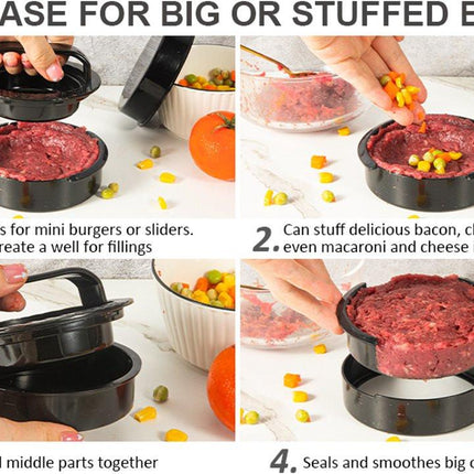 3-in-1 Hamburger and Hamburger Press - Hamburger Mold - Non-stick, Durable Patty Maker for Stuffed Burgers and Sliders - Easy to Clean - Black.