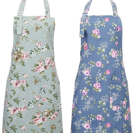 Aprons - Women's Kitchen - Adjustable Floral Apron with Large Pockets - for Cooking, Baking, Gardening - 2-Pack.