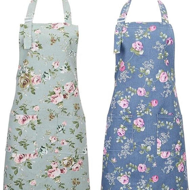 Aprons - Women's Kitchen - Adjustable Floral Apron with Large Pockets - for Cooking, Baking, Gardening - 2-Pack.
