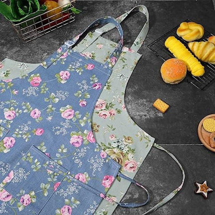 Aprons - Women's Kitchen - Adjustable Floral Apron with Large Pockets - for Cooking, Baking, Gardening - 2-Pack.