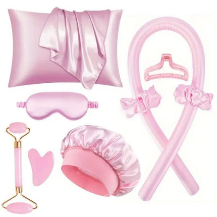 Hair Rollers - 9-Piece - Heatless Curling Iron - Heatless Curls - Curls without Heat - Includes Hair Clip and Satin Sleep Cap (Pink).