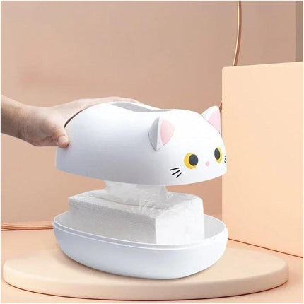Tissue Box - Tissue Box Organizer with Cat Print - Napkin Holder for the Living Room - Tissue Box for the Kitchen - Toilet Paper Holder for the Bathroom (White，22*16*13cm).