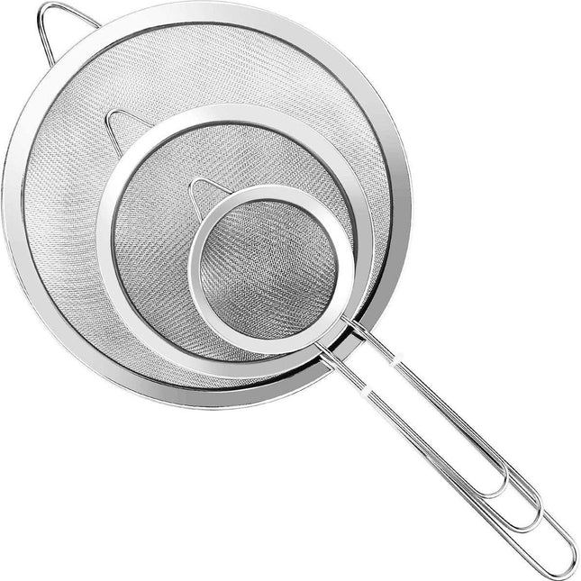 Three-Piece Ultra Fine Metal Sieve Set - with Handles - Sizes Small, Medium & Large - Made of Stainless Steel - Suitable for Kitchen, Rice, Juice, Quinoa, Food, Flour & Baking..