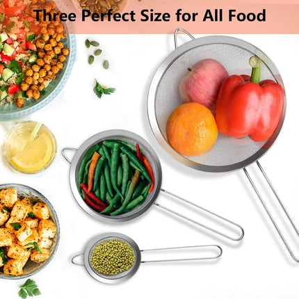 Three-Piece Ultra Fine Metal Sieve Set - with Handles - Sizes Small, Medium & Large - Made of Stainless Steel - Suitable for Kitchen, Rice, Juice, Quinoa, Food, Flour & Baking..